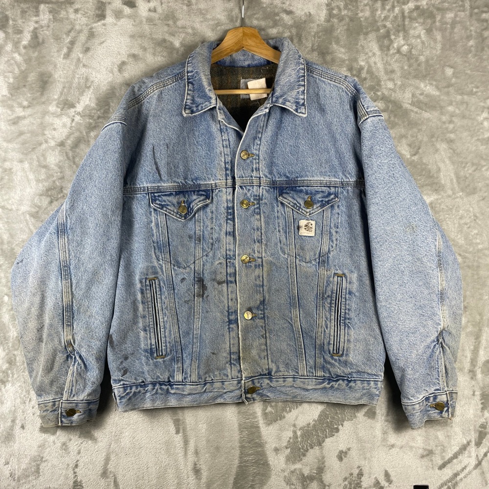 Vintage Carhartt Denim Trucker Jacket Mens Large Blue Blanket Lined Distressed